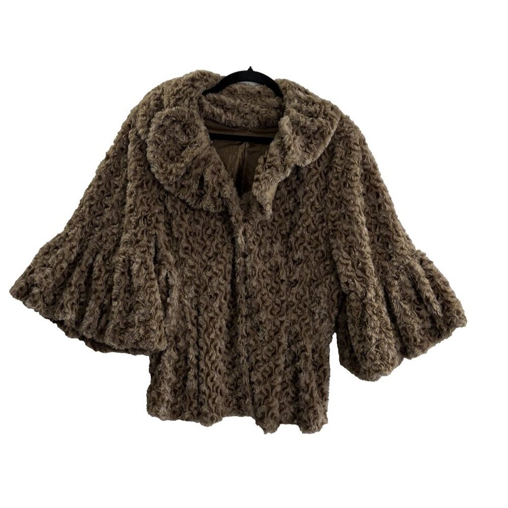 Faux Fur Short Puff Sleeves Cropped Coat Women Sz M Brown Glamorous Chic 10-6